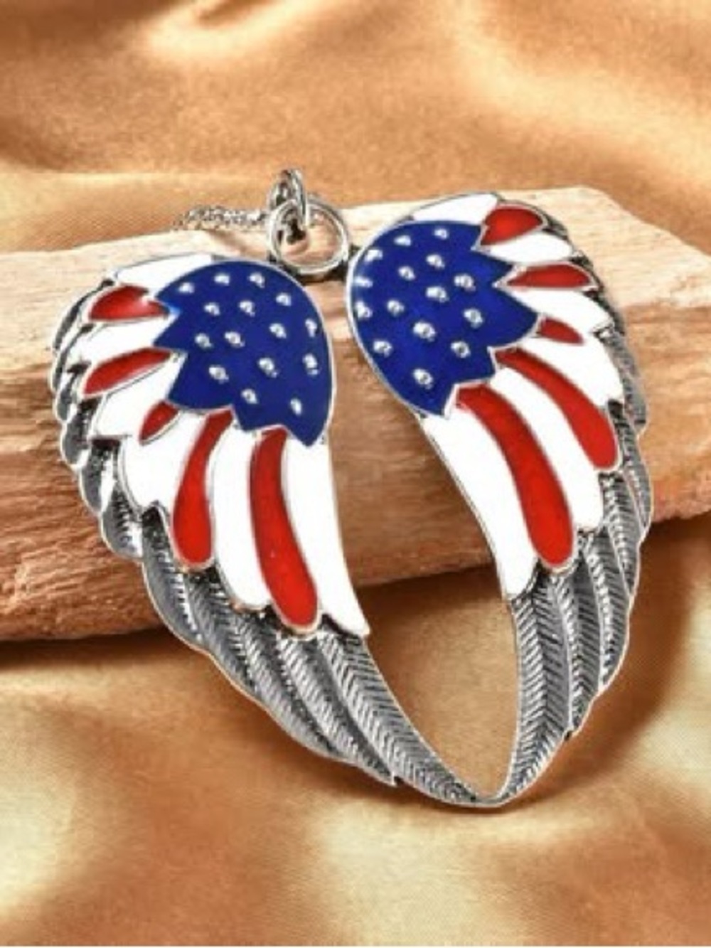 American Flag Angel Wing Pendant Necklace - Red, White & Blue